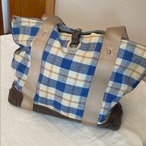 Longaberger Plaid Blue and Brown Tote Bag